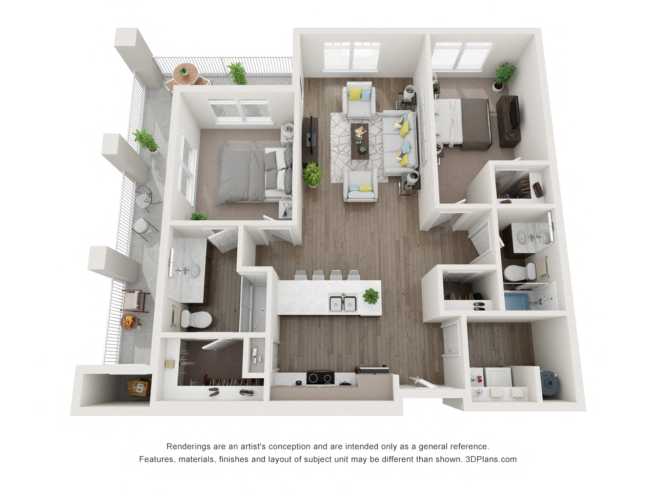 Floor plan for 2 beds, 2 baths, 1057 sqft